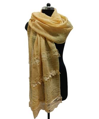 Premium Quality Cotton Hijab/ Stole  With Beautiful Floral Laces and Studded with Tiny Diamonds and Pearls  Yellow 1