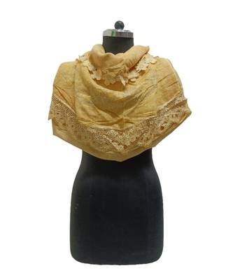 Premium Quality Cotton Hijab/ Stole  With Beautiful Floral Laces and Studded with Tiny Diamonds and Pearls  Yellow 3