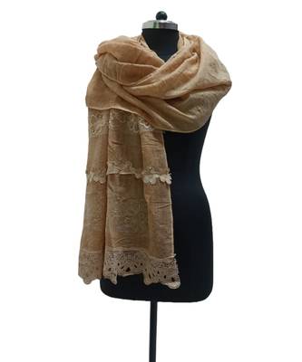 Premium Quality Cotton Hijab/ Stole  With Beautiful Floral Laces and Studded with Tiny Diamonds and Pearls  Light Brown 1