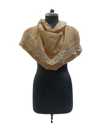 Premium Quality Cotton Hijab/ Stole  With Beautiful Floral Laces and Studded with Tiny Diamonds and Pearls  Light Brown 3