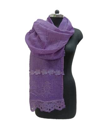 Premium Quality Cotton Hijab/ Stole  With Beautiful Floral Laces and Studded with Tiny Diamonds and Pearls  Violet 1