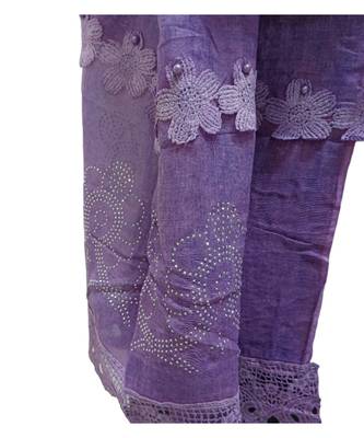 Premium Quality Cotton Hijab/ Stole  With Beautiful Floral Laces and Studded with Tiny Diamonds and Pearls  Violet 4