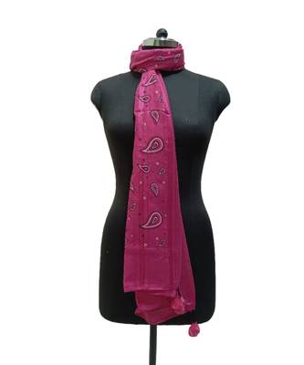 Classy Soft Cotton Hijab/ Stole  With Pretty Looking Digital Print and Cute Little Pompoms  Dark Pink 1