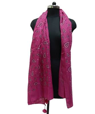 Classy Soft Cotton Hijab/ Stole  With Pretty Looking Digital Print and Cute Little Pompoms  Dark Pink 2
