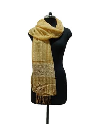 Charming Cotton Stoles  With Nice Wavy Design Lace and Beautiful Flower Patch with Fringes  Yellow 1