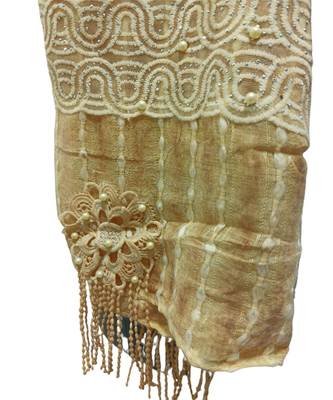 Charming Cotton Stoles  With Nice Wavy Design Lace and Beautiful Flower Patch with Fringes  Yellow 4
