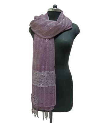 Charming Cotton Stoles  With Nice Wavy Design Lace and Beautiful Flower Patch with Fringes  Purple 1
