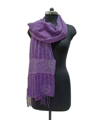 Charming Cotton Stoles  With Nice Wavy Design Lace and Beautiful Flower Patch with Fringes  Violet 1