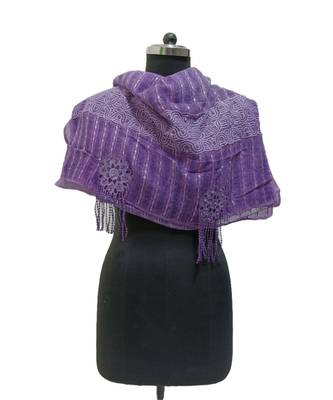 Charming Cotton Stoles  With Nice Wavy Design Lace and Beautiful Flower Patch with Fringes  Violet 2