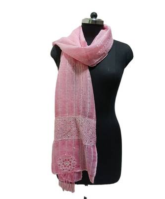 Charming Cotton Stoles  With Nice Wavy Design Lace and Beautiful Flower Patch with Fringes  Pink 1