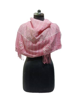 Charming Cotton Stoles  With Nice Wavy Design Lace and Beautiful Flower Patch with Fringes  Pink 3