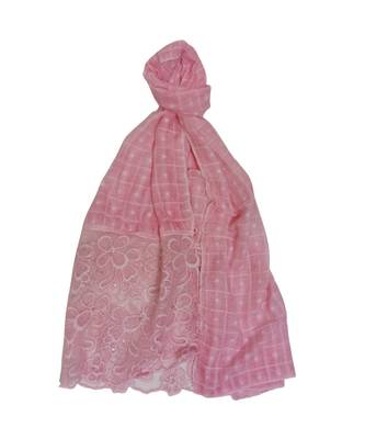 Best Quality Cotton Stole/ Hijab  With Checkered Design  Charming Floral Thread Embroidery and Diamonds Studded  Pink 1