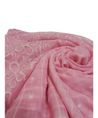 Best Quality Cotton Stole/ Hijab  With Checkered Design  Charming Floral Thread Embroidery and Diamonds Studded  Pink 4