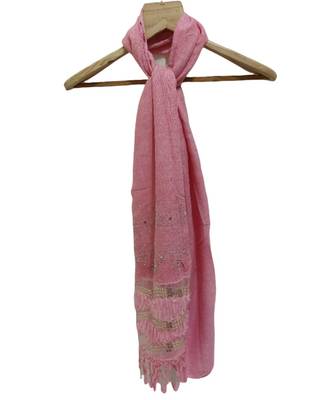 Soft Cotton and Net Hijab/ Stole  With Golden Sequince Design on the Net Part and Beautiful Fringes  Pink 1