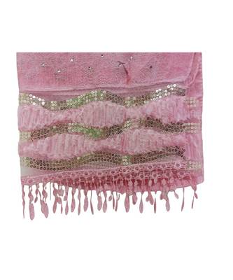 Soft Cotton and Net Hijab/ Stole  With Golden Sequince Design on the Net Part and Beautiful Fringes  Pink 3