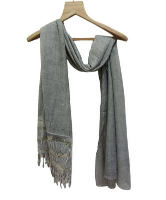 Soft Cotton and Net Hijab/ Stole  With Golden Sequince Design on the Net Part and Beautiful Fringes    Grey 1