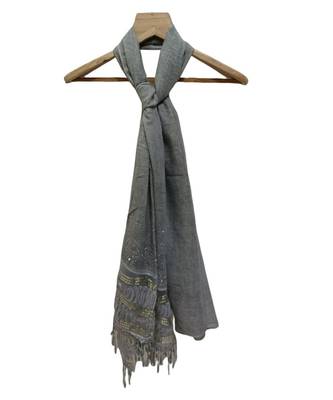 Soft Cotton and Net Hijab/ Stole  With Golden Sequince Design on the Net Part and Beautiful Fringes    Grey 3