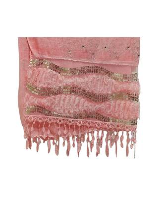 Soft Cotton and Net Hijab/ Stole  With Golden Sequince Design on the Net Part and Beautiful Fringes  Dark Orange 4
