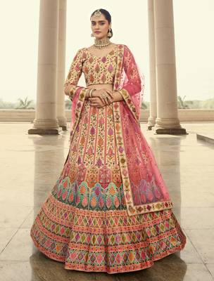 Shubhkala Beige And Multicolored Embroiderey Work With Print And Swarovski Work Art Silk Wedding Festival Lehenga 1