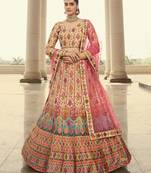 Shubhkala Beige And Multicolored Embroiderey Work With Print And Swarovski Work Art Silk Wedding Festival Lehenga