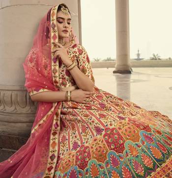 Shubhkala Beige And Multicolored Embroiderey Work With Print And Swarovski Work Art Silk Wedding Festival Lehenga 2
