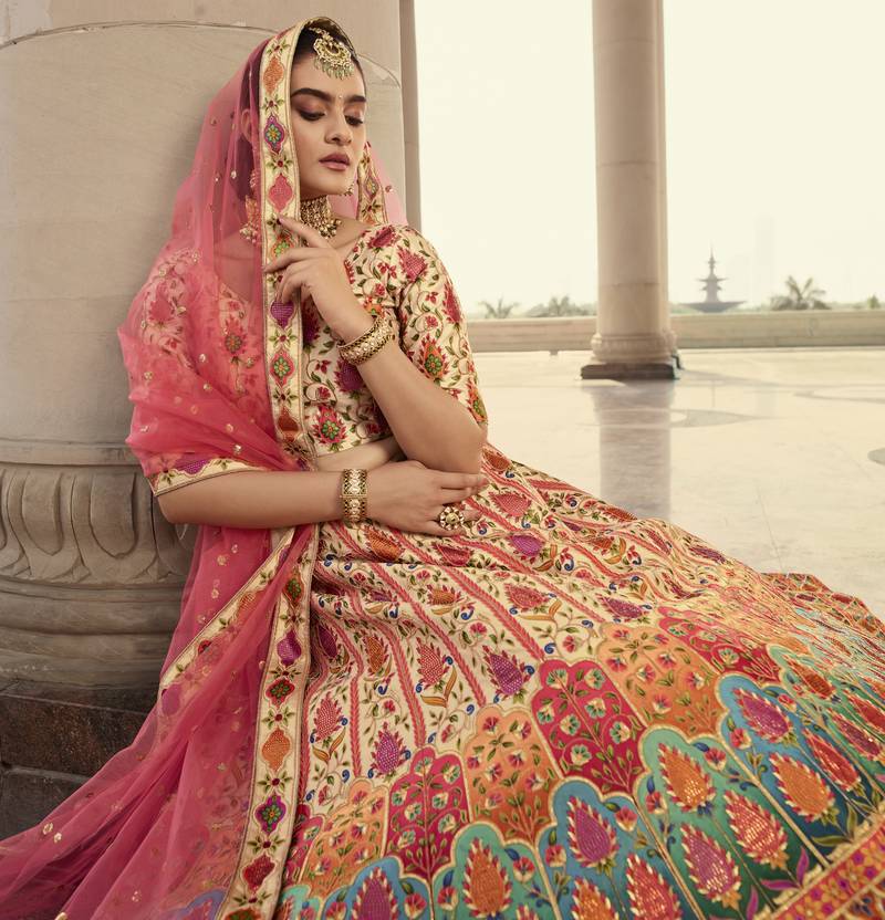 Shubhkala Beige And Multicolored Embroiderey Work With Print And Swarovski Work Art Silk Wedding Festival Lehenga