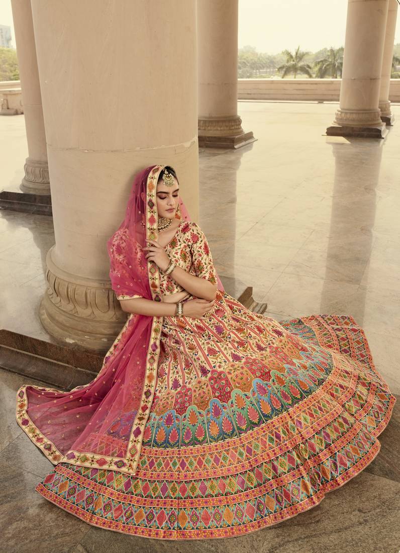 Shubhkala Beige And Multicolored Embroiderey Work With Print And Swarovski Work Art Silk Wedding Festival Lehenga