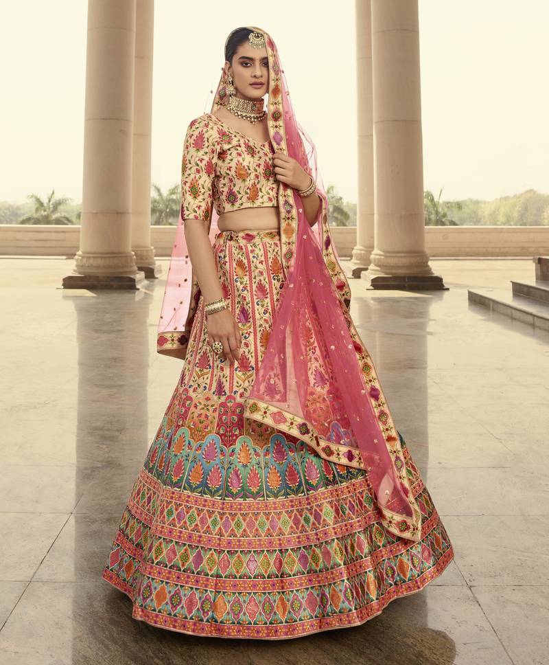 Shubhkala Beige And Multicolored Embroiderey Work With Print And Swarovski Work Art Silk Wedding Festival Lehenga