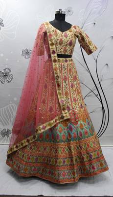 Shubhkala Beige And Multicolored Embroiderey Work With Print And Swarovski Work Art Silk Wedding Festival Lehenga 5