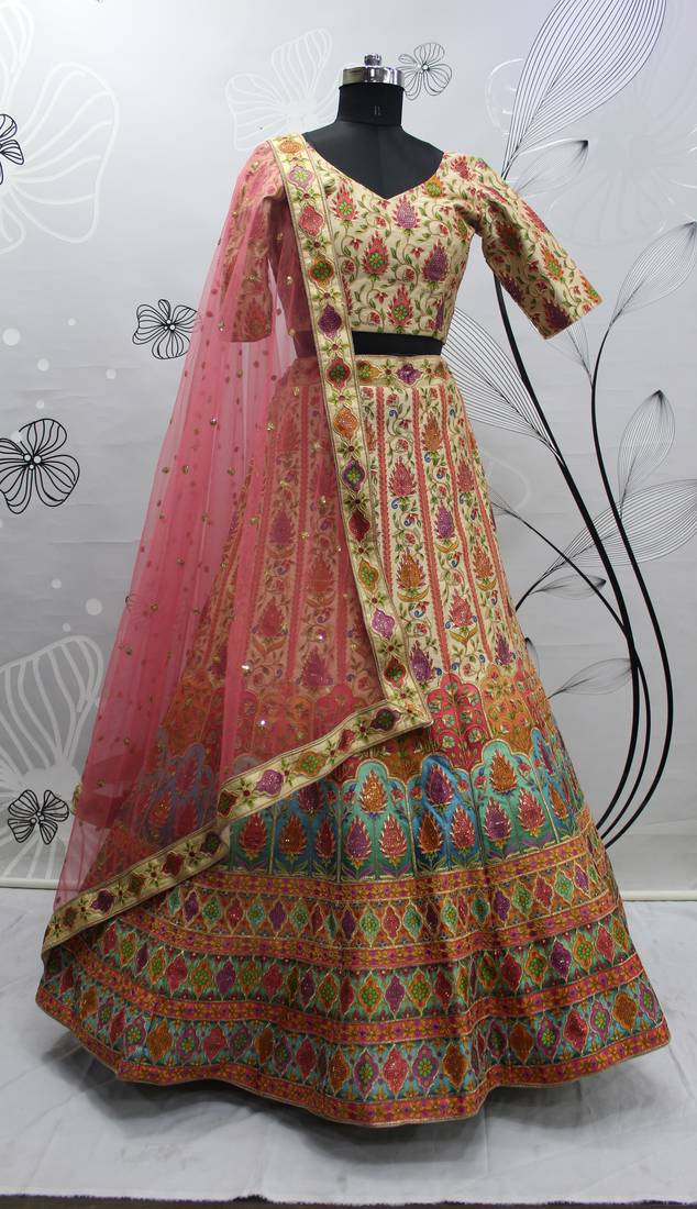 Shubhkala Beige And Multicolored Embroiderey Work With Print And Swarovski Work Art Silk Wedding Festival Lehenga
