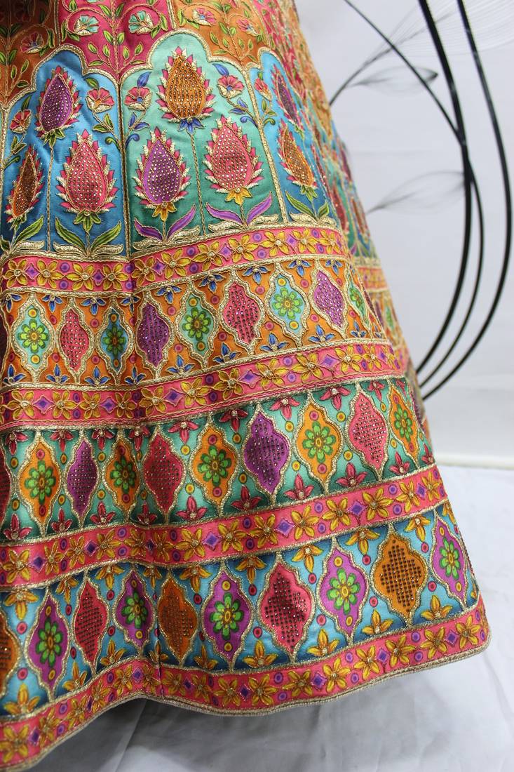 Shubhkala Beige And Multicolored Embroiderey Work With Print And Swarovski Work Art Silk Wedding Festival Lehenga
