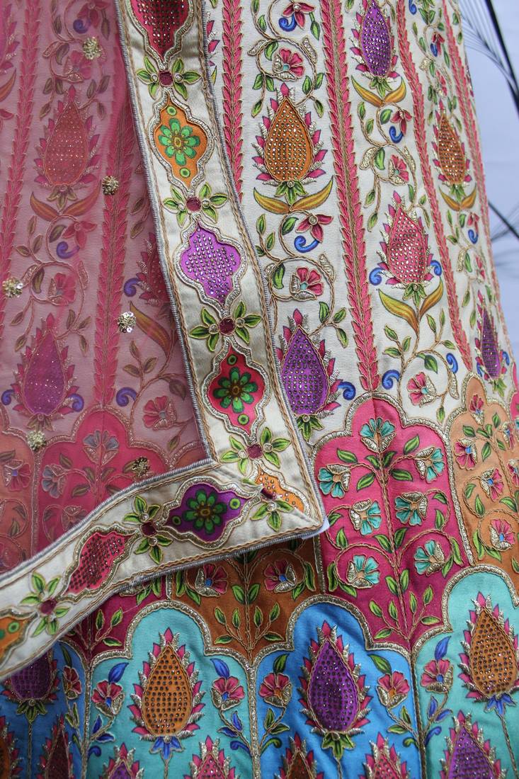 Shubhkala Beige And Multicolored Embroiderey Work With Print And Swarovski Work Art Silk Wedding Festival Lehenga