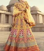 Shubhkala Yellow And Multicolored Embroiderey Work With Print With Diamond Work Art Silk Wedding Lehenga