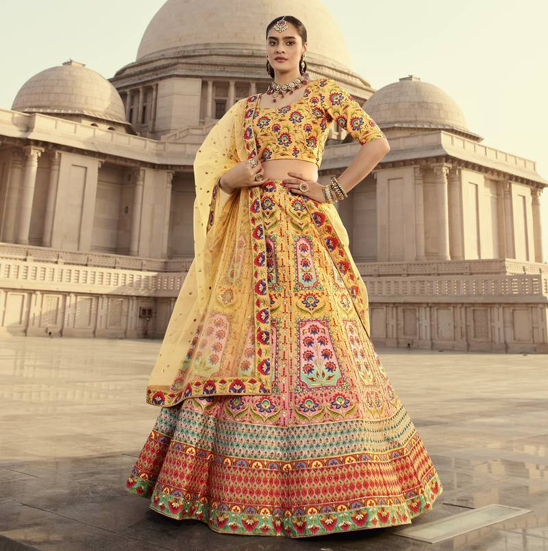 Shubhkala Yellow And Multicolored Embroiderey Work With Print With Diamond Work Art Silk Wedding Lehenga