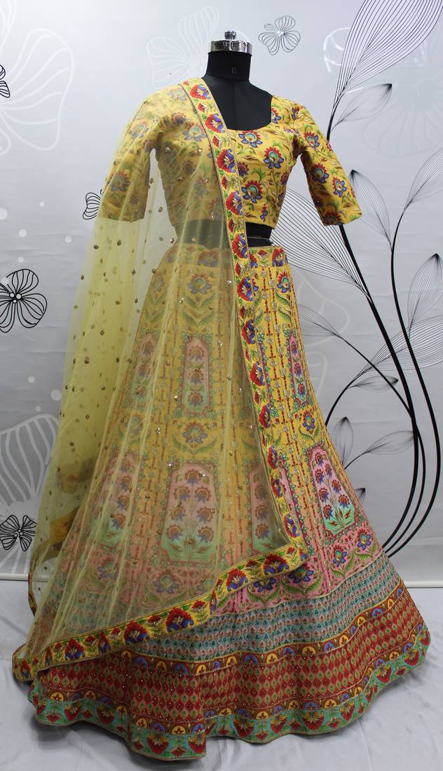 Shubhkala Yellow And Multicolored Embroiderey Work With Print With Diamond Work Art Silk Wedding Lehenga