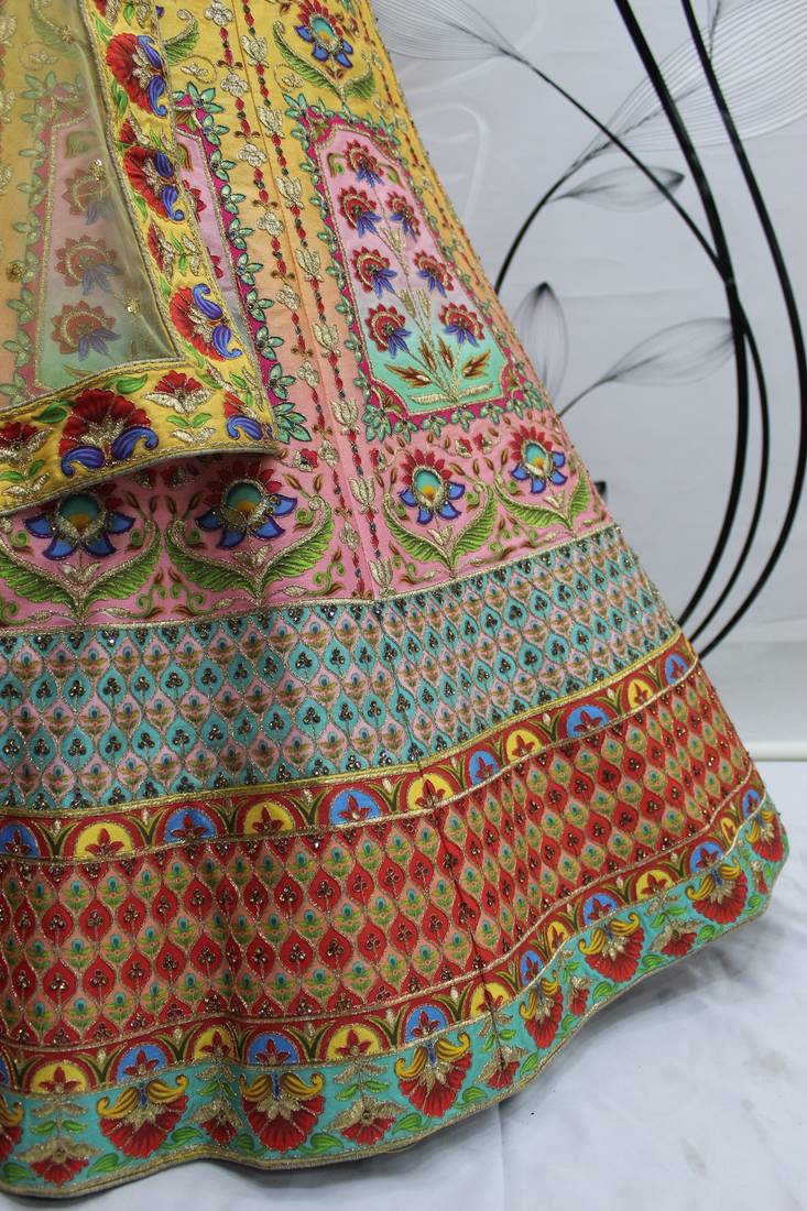Shubhkala Yellow And Multicolored Embroiderey Work With Print With Diamond Work Art Silk Wedding Lehenga