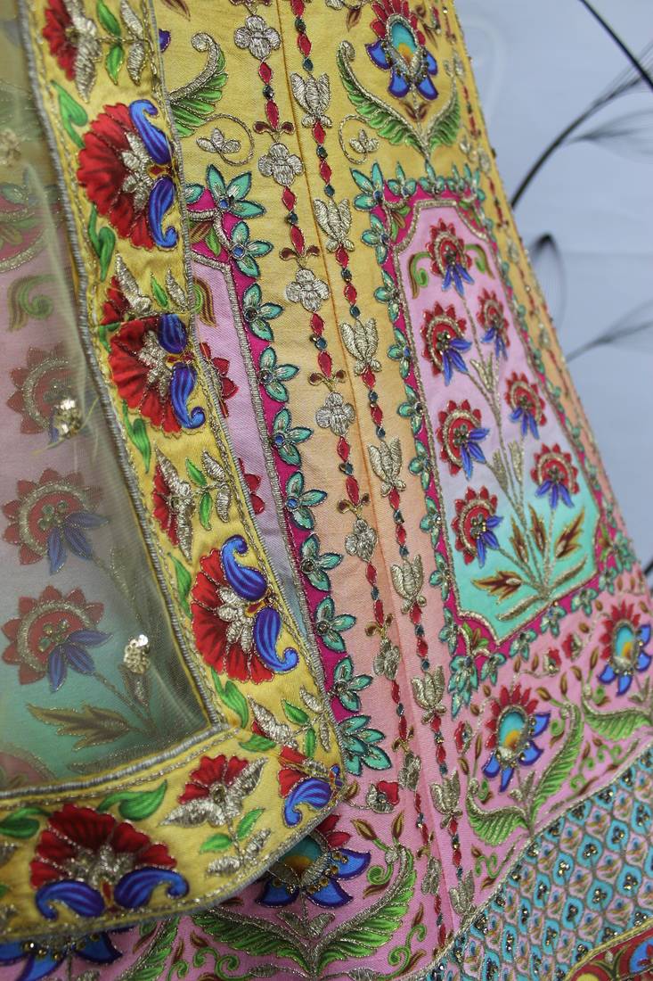 Shubhkala Yellow And Multicolored Embroiderey Work With Print With Diamond Work Art Silk Wedding Lehenga