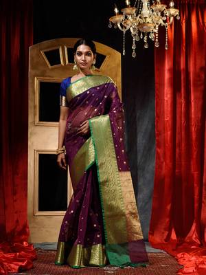 Maroon Zari Buti Organza Silk Saree with Blouse Piece 1