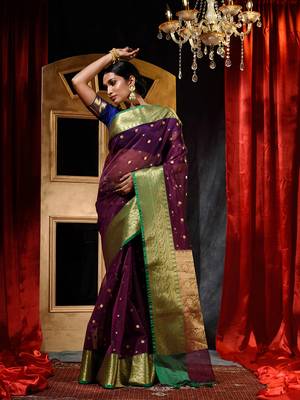 Maroon Zari Buti Organza Silk Saree with Blouse Piece 3