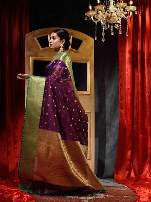 Maroon Zari Buti Organza Silk Saree with Blouse Piece 4