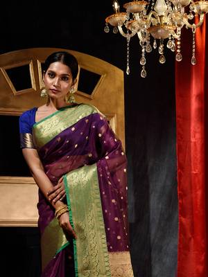 Maroon Zari Buti Organza Silk Saree with Blouse Piece 5