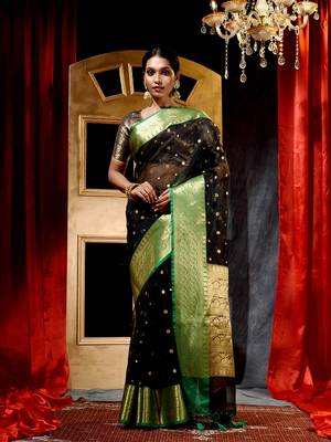 Black Zari Buti Organza Silk Saree with Blouse Piece 1