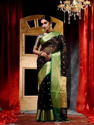 Black Zari Buti Organza Silk Saree with Blouse Piece 3