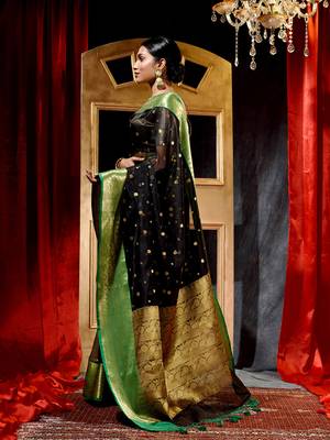 Black Zari Buti Organza Silk Saree with Blouse Piece 4