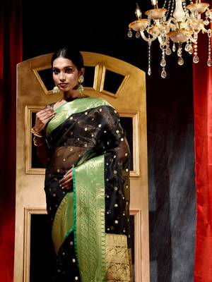 Black Zari Buti Organza Silk Saree with Blouse Piece 5