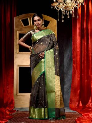 Grey Zari Buti Organza Silk Saree with Blouse Piece 1