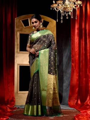 Grey Zari Buti Organza Silk Saree with Blouse Piece 3