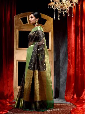 Grey Zari Buti Organza Silk Saree with Blouse Piece 4