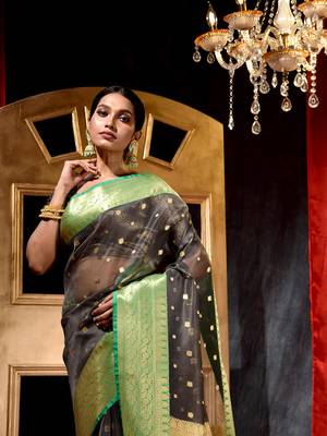 Grey Zari Buti Organza Silk Saree with Blouse Piece 5