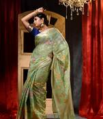 Handwoven Pista Floral Weaved Banarasi Saree with Blouse Piece